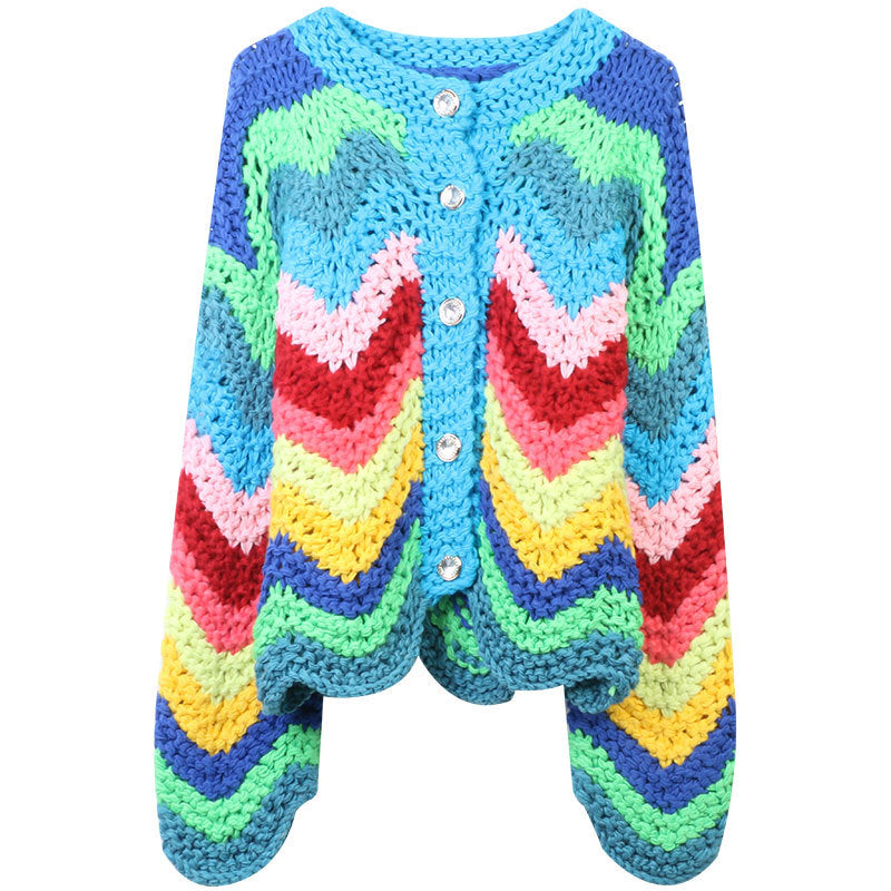 Front Part of a multicolor rainbow striped knitted cardigan