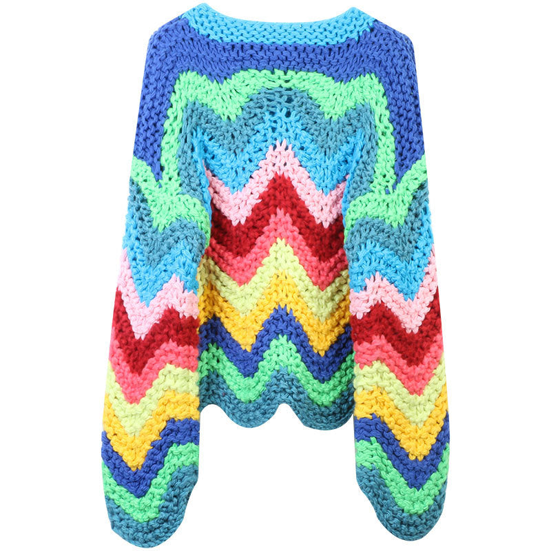 Back side of a multicolor striped cardigan